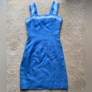 leonard paris mini dress blue small petite floral trim old money classy wedding